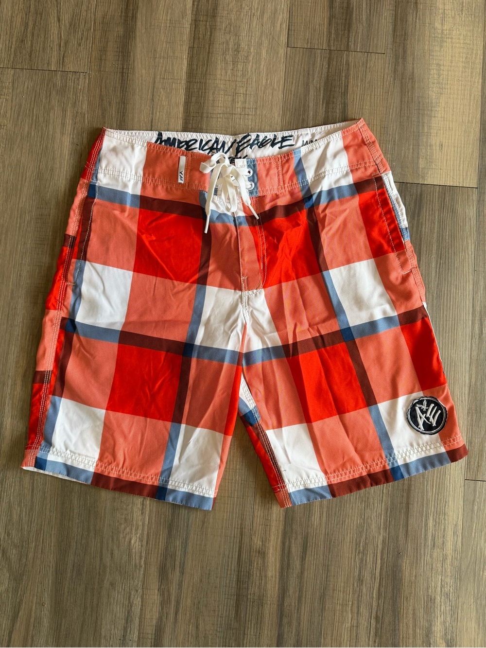 American Eagle Orange and White Plaid Men’s Swim Board Shorts